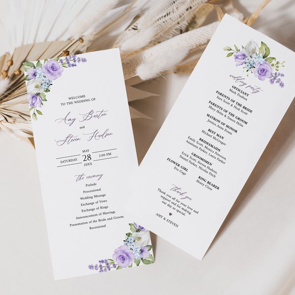 Lavender, White and Blue Wedding Program Template, Wedding Order of Service • INSTANT DOWNLOAD • Editable, Printable Template