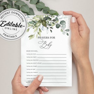 Greenery Prayers for Baby Card Template, Printable Advice Prayer Card, Instant Download, Printable, Editable Template, A107