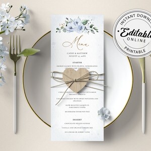 Modèle de menu bleu (mariage, shower de bébé, dîner, brunch, baptême) • TÉLÉCHARGEMENT IMMÉDIAT • Modèle modifiable et imprimable, #127