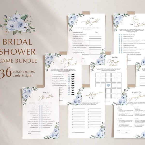 Dusty Blue Bridal Shower Game Bundle, 36 Games, Bridal Shower Activities Set • INSTANT DOWNLOAD • Editable, Printable Template, #127