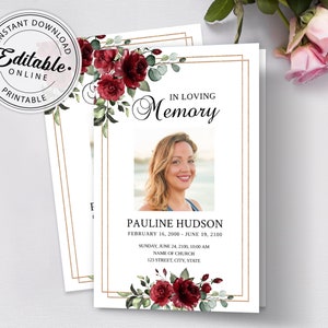 Editable Funeral Program Template with Burgundy/Red Roses, Floral Memorial Program Template, Printable Funeral Program, Obituary Program