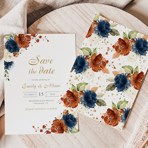 Może przedstawiać: Zaproszenie ślubne "Save the date" z kwiatowym wzorem z niebieskimi i pomarańczowymi kwiatami. Zaproszenie zawiera tekst "Save the date for the wedding of Emily & Adam, October 15, 20xx, Woodland Grand Mansion, Pensacola, FL, formal invitation to follow."
