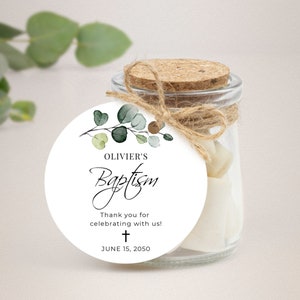 Greenery Baptism Favor Tags Template, Printable Eucalyptus Gift Stickers, Boho Gift Labels (Baptism, Wedding, Baby Shower), A111