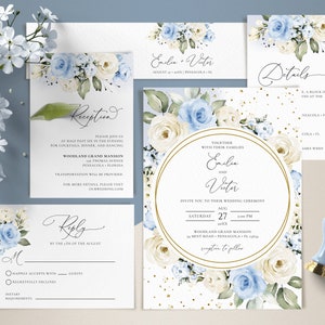 Conjunto de modelos de convites de casamento em azul e branco, suíte de modelos de convites de casamento • DOWNLOAD INSTANTÂNEO • Modelos editáveis e imprimíveis