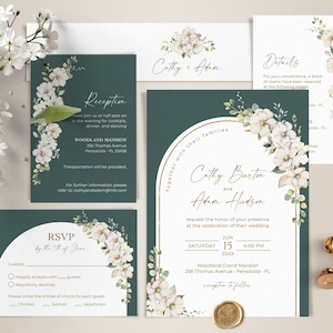 Conjunto de modelos de convites de casamento verde esmeralda e dourado • DOWNLOAD INSTANTÂNEO • Modelos editáveis e imprimíveis
