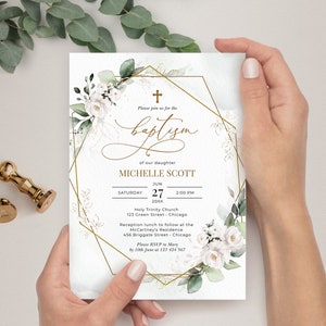 Greenery White Roses Baptism Invitation Template (Digital Download) immagine 4