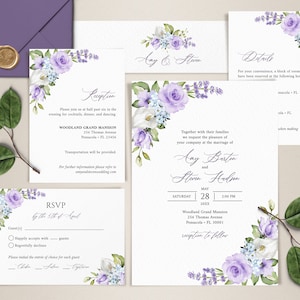 Lavender, White and Blue Wedding Invitation Template Set, Wedding Invite Suite • INSTANT DOWNLOAD • Editable, Printable Templates
