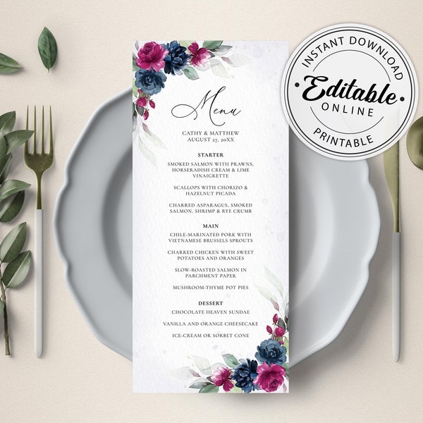 Dark Fuchsia and Navy Blue Menu Template (Wedding, Bridal Shower, Dinner, Brunch) • INSTANT DOWNLOAD • Editable, Printable Template,A136