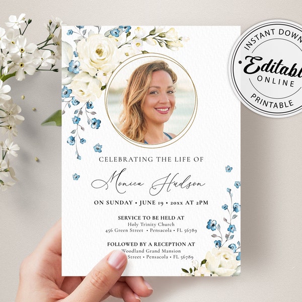 Funeral Announcement Card Template, Funeral Invitation Template, Editable, Printable Memorial Service/Reception Card Template