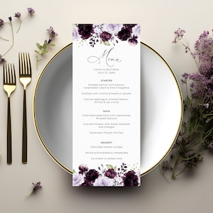Modèle de menu violet (mariage, shower de bébé, dîner, brunch) • TÉLÉCHARGEMENT IMMÉDIAT • Modèle modifiable et imprimable, A124