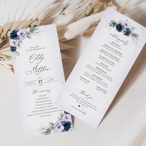 Modèle de programme de mariage bleu marine et lavande, ordre de service de mariage • TÉLÉCHARGEMENT IMMÉDIAT • Modèle modifiable, imprimable, A129