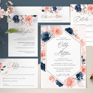 Navy Blue and Coral Wedding Invitation Template Set, Wedding Invite Template Suite • INSTANT DOWNLOAD • Editable, Printable Templates