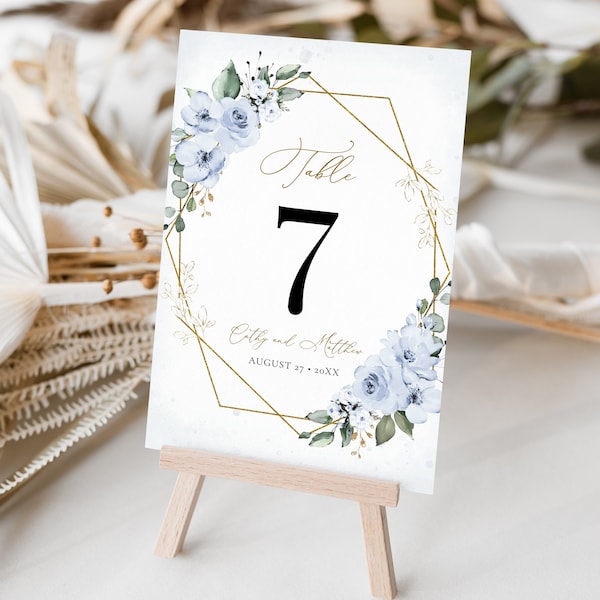 Dusty Blue Wedding Table Numbers Template, Table Number Signs with Blue Roses • INSTANT DOWNLOAD • Editable, Printable Template, #127