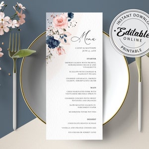 Menüvorlage in Marineblau und Rosa (Hochzeit, Brautparty, Abendessen, Brunch) • SOFORTIGER DOWNLOAD • Bearbeitbare, druckbare Vorlage, A120