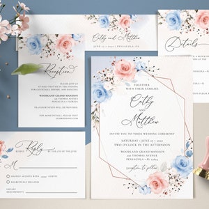 Dusty Blue and Blush Pink Wedding Invitation Template Set, Wedding Invite Template Suite • INSTANT DOWNLOAD • Editable Templates, #122