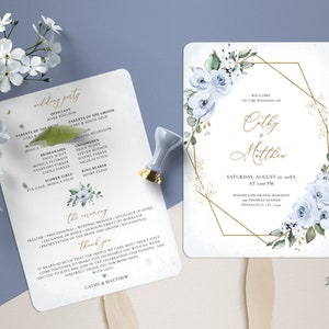 Modèle de programme de mariage bleu poussiéreux de fan, ordre de service de mariage • TÉLÉCHARGEMENT IMMÉDIAT • Modèle modifiable, imprimable, #127