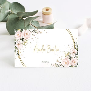 Cartões de lugar de casamento rosa blush, cartões de lugar florais planos e dobrados em formato de tenda • DOWNLOAD INSTANTÂNEO • Modelo editável, A117