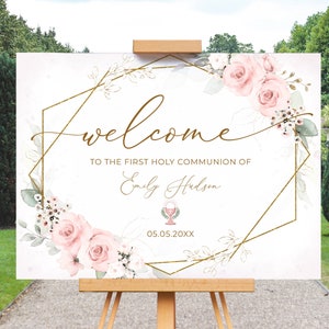 Pink First Holy Communion Welcome Sign Template • INSTANT DOWNLOAD • Editable, Printable Template, #126