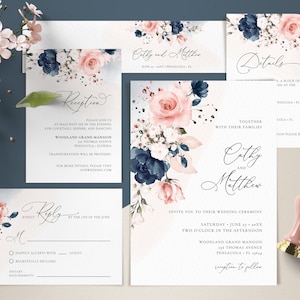 Marineblauw en blush roze bruiloft uitnodiging sjabloonset, bruiloft uitnodiging sjabloonsuite • INSTANT DOWNLOAD • Bewerkbare sjablonen, A120