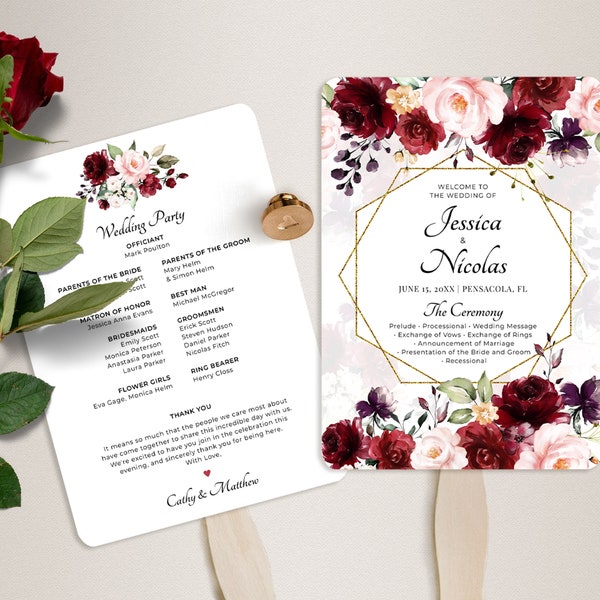 Fan Burgundy and Blush Pink Wedding Program Template • INSTANT DOWNLOAD • Editable, Printable Template, A115