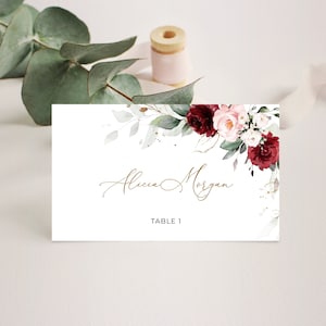 Burgundy and Blush Pink Wedding Place Cards Template, Floral Place Cards Flat and Tent Folded • INSTANT DOWNLOAD • Editable Template