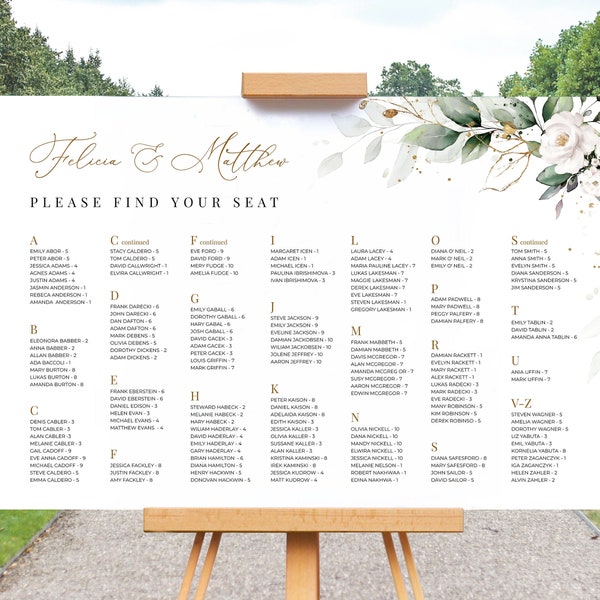 Alphabetical Greenery Wedding Seating Chart Template • INSTANT DOWNLOAD • Editable, Printable Template, A109