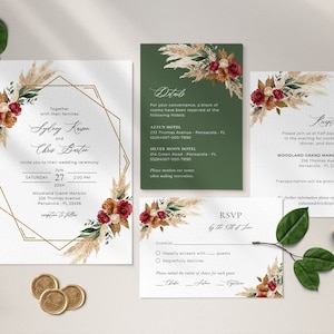 Burgundy, Terracotta and Emerald Green Invitation Template Bundle, Invite Set • INSTANT DOWNLOAD • Editable, Printable Templates, A134