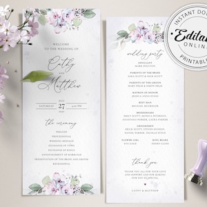 Programmasjabloon bruiloft lavendel, programmasjabloon bloemen met lavendel/lila rozen • INSTANT DOWNLOAD • Bewerkbare, afdrukbare sjabloon