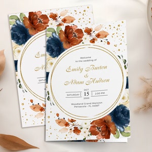 Terracotta, Navy Blue and Ivory Wedding Program Template, Booklet, Order of Service • INSTANT DOWNLOAD • Editable, Printable Template, #137