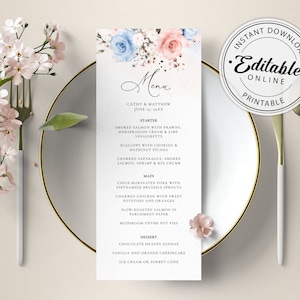 Dusty Blue und Blush Pink Menü Vorlage (Hochzeit, Brautparty, Abendessen, Brunch) • SOFORTIGER DOWNLOAD • Bearbeitbare, druckbare Vorlage, #122