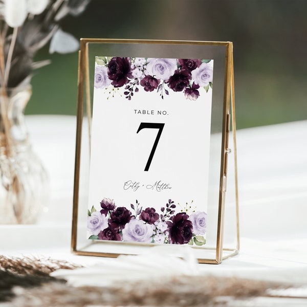 Lavender and Purple Table Numbers Template, Wedding Table Number Sign Template • INSTANT DOWNLOAD • Editable, Printable Template, A124