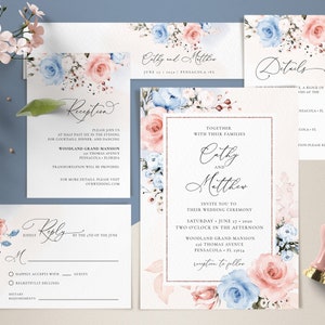 Blue and Blush Pink Wedding Invitation Template Set, Wedding Invite Template Suite • INSTANT DOWNLOAD • Editable Templates, #122