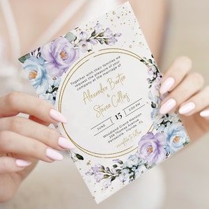 Modèle de faire-part de mariage lavande et bleu, modèle de faire-part de mariage floral • TÉLÉCHARGEMENT IMMÉDIAT • Modèle modifiable, imprimable, A100
