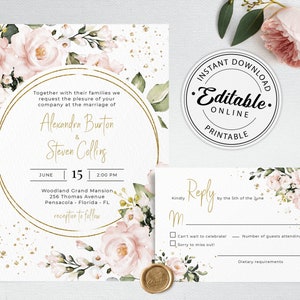 Blush roze bruiloft uitnodiging sjabloonset, bruiloft uitnodiging met roze rozen • INSTANT DOWNLOAD • Bewerkbare, afdrukbare sjabloon, A117