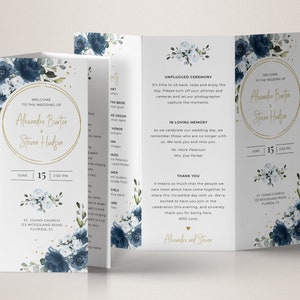 Trifold Wedding Program Template with Navy Blue Roses • INSTANT DOWNLOAD • Editable, Printable Template, #144