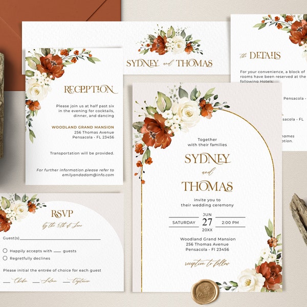 Terracotta and Ivory Wedding Invitation Template Bundle, Wedding Template Suite • INSTANT DOWNLOAD • Editable, Printable Templates, A132