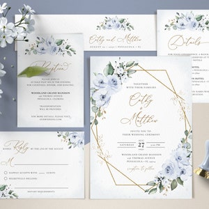 Dusty Blue Wedding Invitation Template Set, Wedding Invite Template Suite • INSTANT DOWNLOAD • Editable Templates, #127