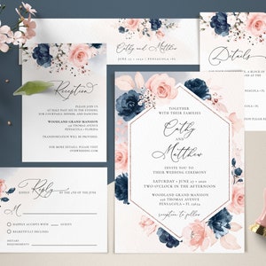 Navy Blue and Blush Pink Wedding Invitation Template Set, Wedding Invite Template Suite • INSTANT DOWNLOAD • Editable Templates, A120