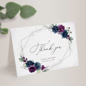 Modèle de carte de remerciement violet et bleu marine (mariage, baby shower, baptême) • TÉLÉCHARGEMENT IMMÉDIAT • Modèles imprimables et modifiables, A131