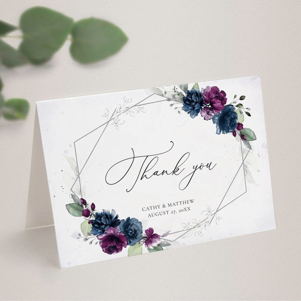 Purple and Navy Blue Thank you Card Template (Wedding, Baby/Bridal Shower, Baptism) • INSTANT DOWNLOAD • Printable, Editable Templates, A131