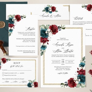 Burgundy and Dark Teal Wedding Invitations Template Suite, Wedding Invitation Set • INSTANT DOWNLOAD • Editable, Printable Templates