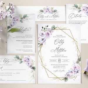 Lavender Wedding Invitation Template Set, Wedding Invite Template Suite • INSTANT DOWNLOAD • Editable Templates, #101