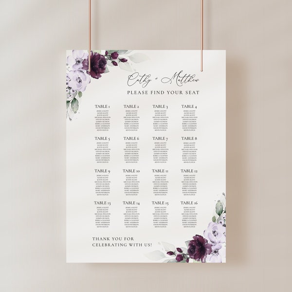 Lavender and Purple Wedding Seating Chart Template • INSTANT DOWNLOAD • Editable, Printable Template, A133