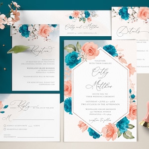 Turquoise and Coral Wedding Invitation Template Set, Wedding Invite Template Suite • INSTANT DOWNLOAD • Editable, Printable Templates