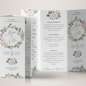 Plantilla de programa de boda tríptico con vegetación, programa de boda con corona de vegetación • DESCARGA INSTANTÁNEA • Plantilla editable e imprimible, A110