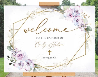 Lavender Floral Baptism Welcome Sign Template, Editable, Printable Digital Download #101