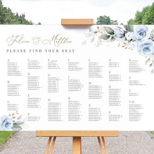 Alphabetical Wedding Seating Chart Template with Greenery and Blue Roses • INSTANT DOWNLOAD • Editable, Printable Template