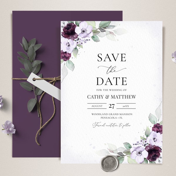 Lavender and Purple Wedding Save the Date Template, Wedding Announcement Card • INSTANT DOWNLOAD • Editable, Printable Template, A133