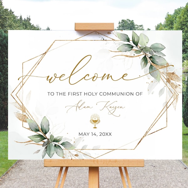 Greenery First Holy Communion Welcome Sign Template • INSTANT DOWNLOAD • Editable, Printable Template, A112
