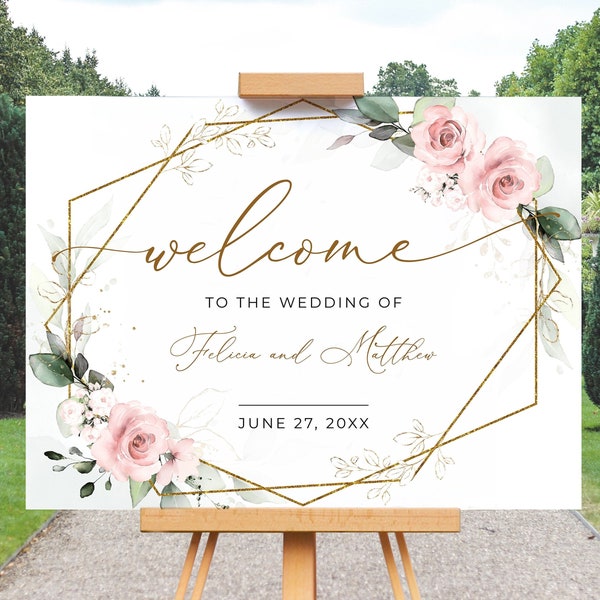 Boho Greenery Wedding Welcome Sign Template with Pink Roses • INSTANT DOWNLOAD • Editable, Printable Template